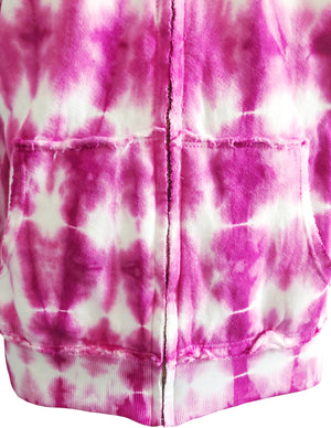Close up of pink tie dye hoodie front pockets with raw edge hem details