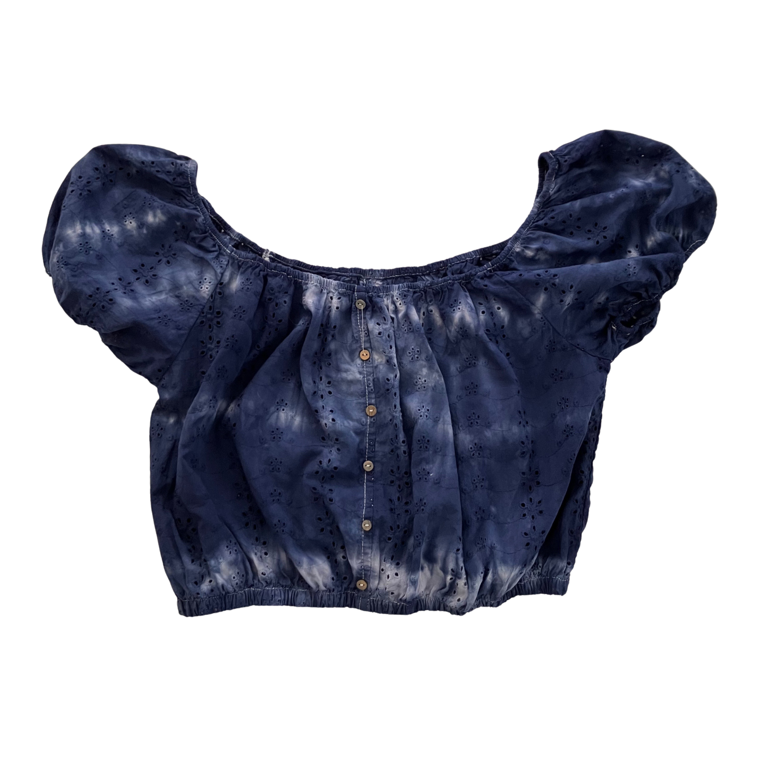 Shibori Blue Tie-Dye Crop Top, Indigo Eyelet with Puff Sleeves, Women's, Teen