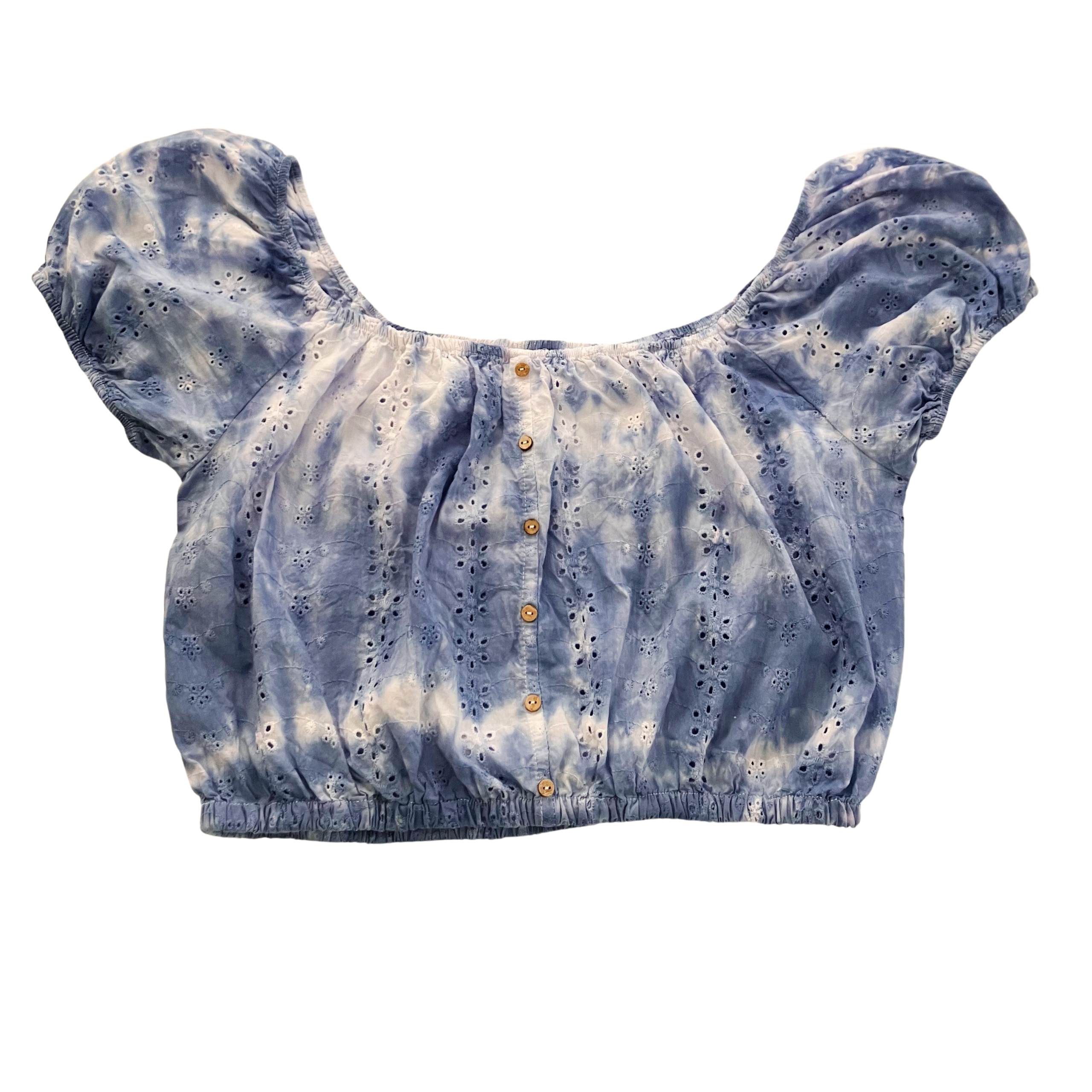 Shibori Light Blue Tie-Dye Crop Top, Indigo Cami Top Eyelet with Puff Sleeves, Women's, Teen