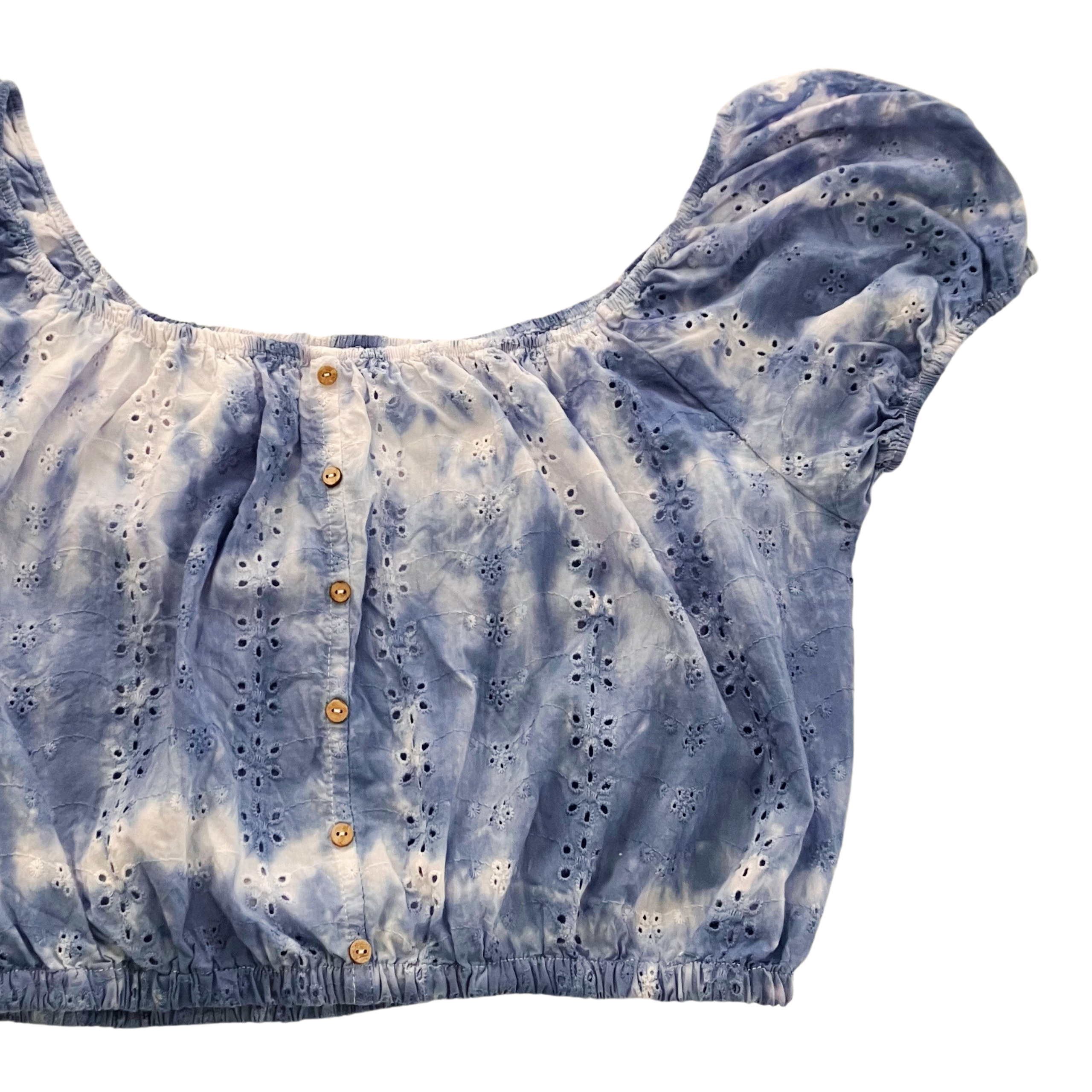 Shibori Light Blue Tie-Dye Crop Top, Indigo Cami Top Eyelet with Puff Sleeves, Women's, Teen