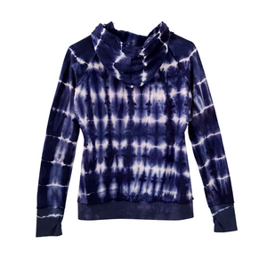 Women's Shibori Blue Tie Dye Hoodie with Raw Edge Hem