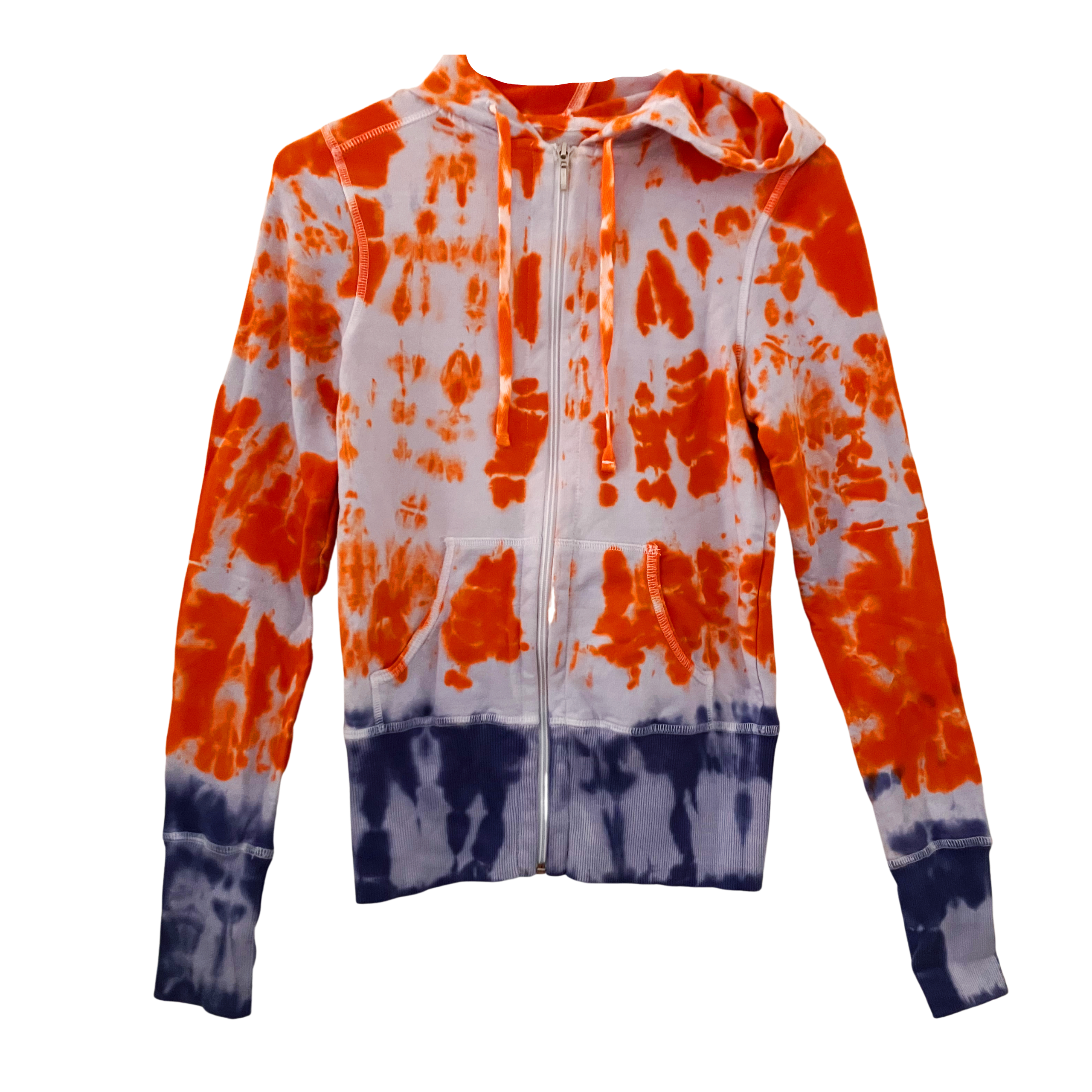 Orange and Indigo Tie Dye Hoodie, Soft Grunge Full Zip-Up Hooded Sweatshirt, Women, Teen