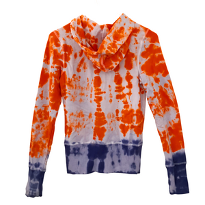 Orange and Indigo Tie Dye Hoodie, Soft Grunge Full Zip-Up Hooded Sweatshirt, Women, Teen