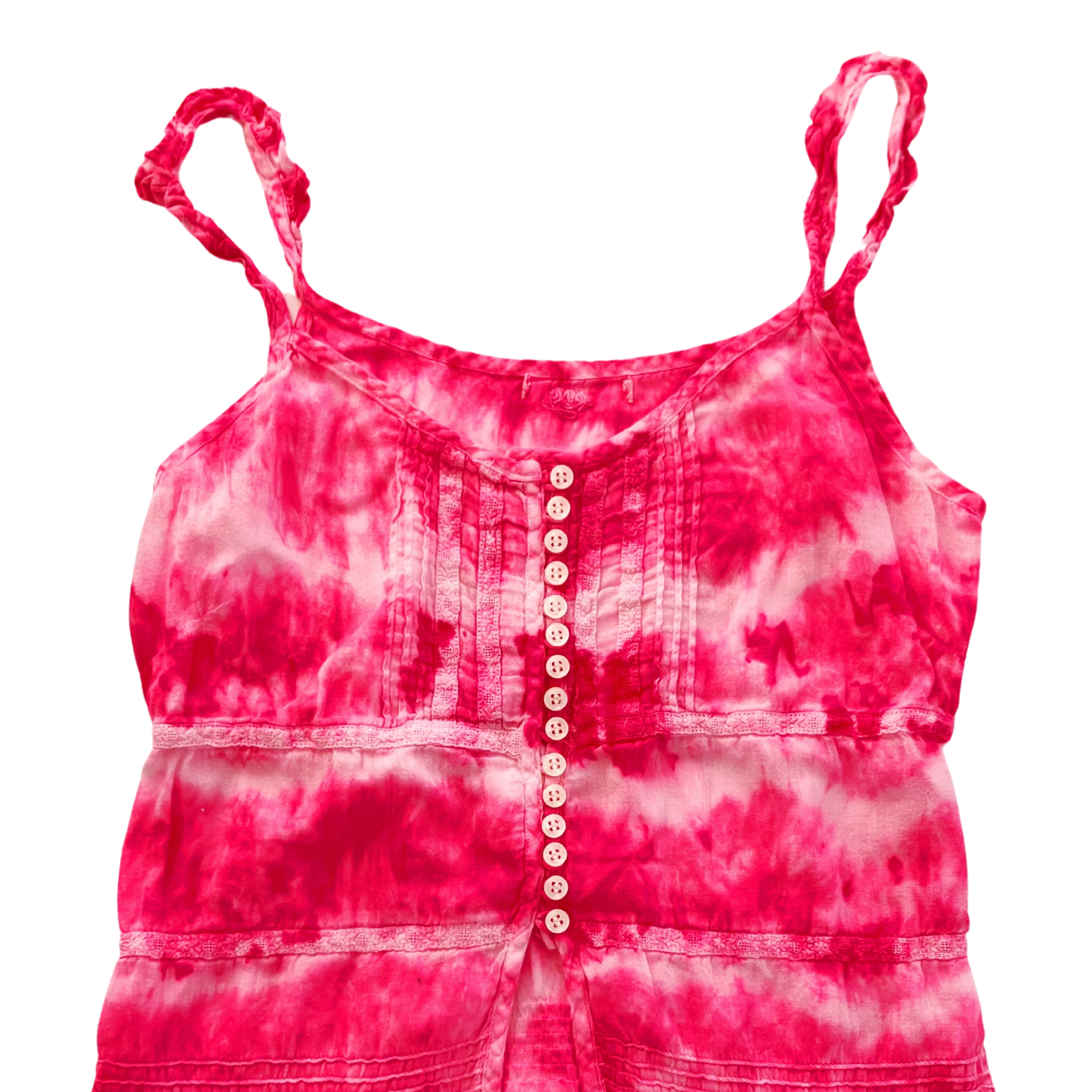 Shibori Hot Pink Tie-Dye Shirt with Ruffle Spaghetti Straps, Boho Top