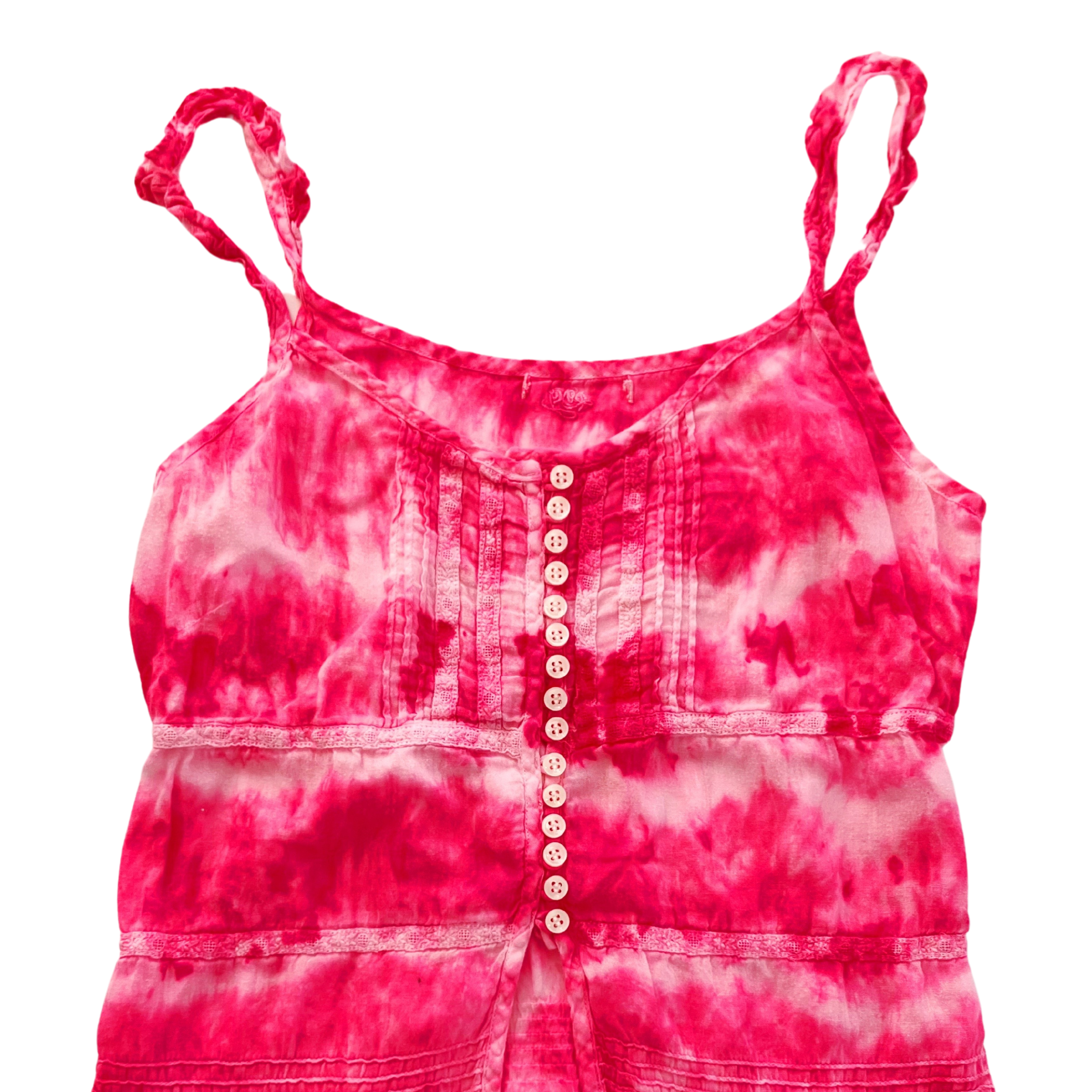 Shibori Pink Tie-Dye Crop Top with Ruffle Spaghetti Straps, Women's, Teen