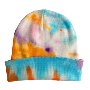 Shibori Yellow and Turquoise Tie Dye Beanie Hat, Men, Women, Teen