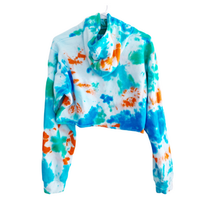 Women's Tie Dye Hoodie, Boho Cropped Pullover with Raw Edge Hem Details