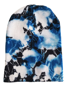 men slouchy beanie tie dye blue and black on white background