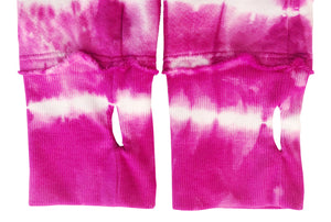 Close up of pink tie dye hoodie sleeves with raw edge hem details