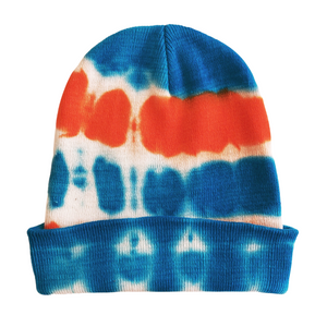 Turquoise and orange cuffed tie dye beanie knit hat view 2.  For men and women. Made of soft and warm cotton with a little stretch to it.