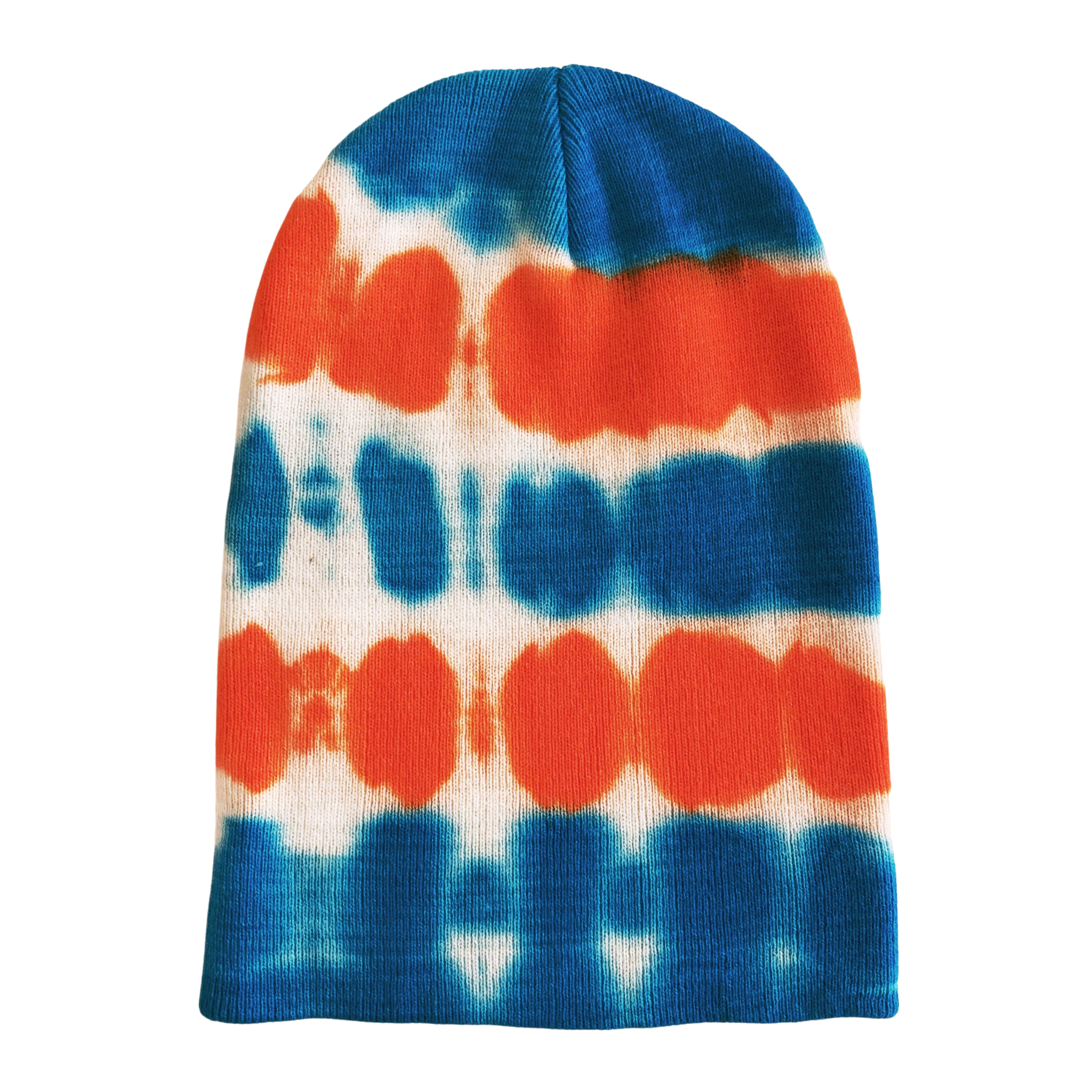 Turquoise and orange tie dye beanie hat long view 2. For men and women. Made of soft and warm cotton with a little stretch to it. Made in California. USA made.