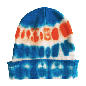 Turquoise and orange cuffed tie dye beanie knit hat for men and women. Made of soft and warm cotton with a little stretch to it.