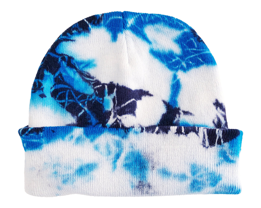 unisex adult black and blue tie dye beanie hat on white background