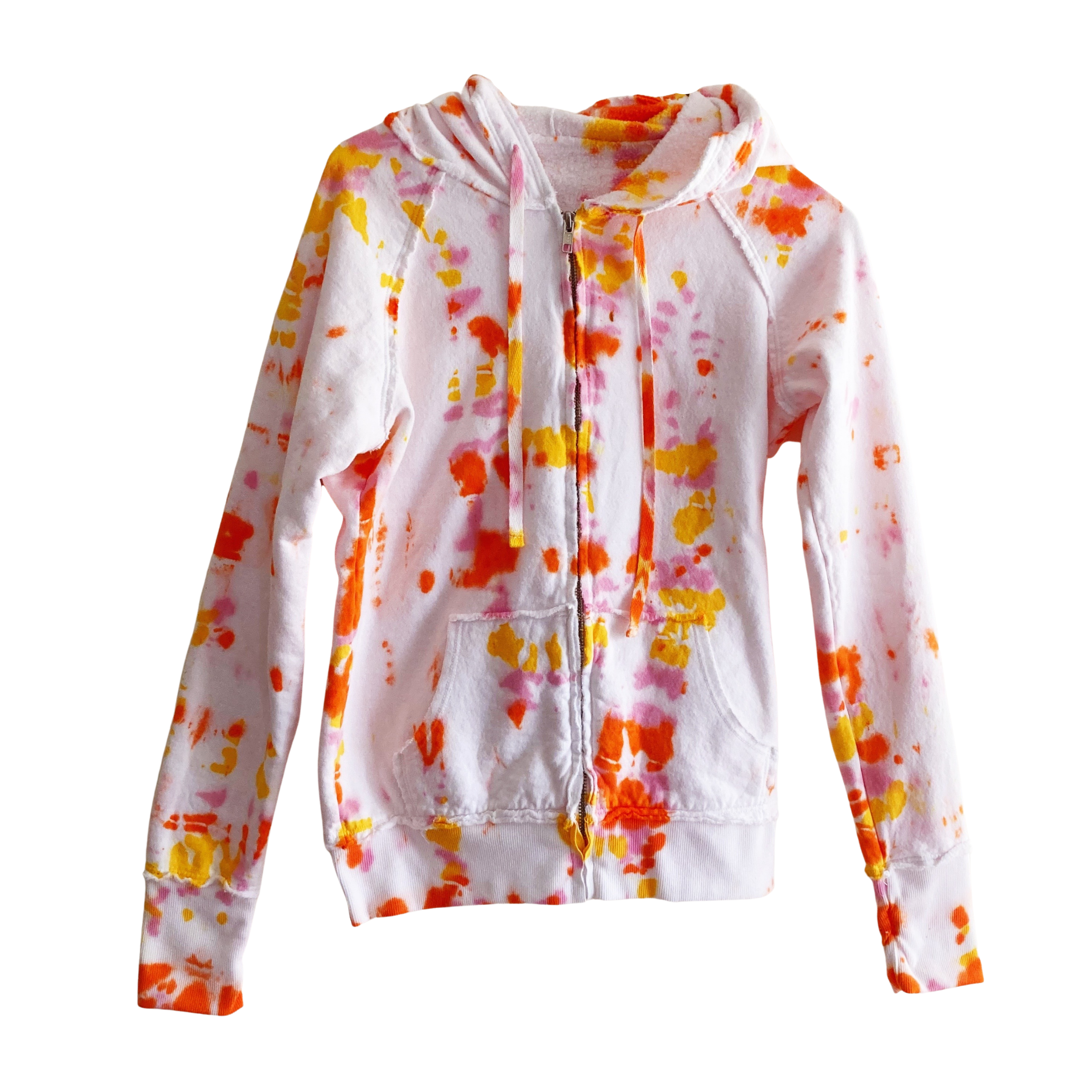 Women's Zip Up Hoodie with Raw Edge Hem, Pink Orange Tie Dye