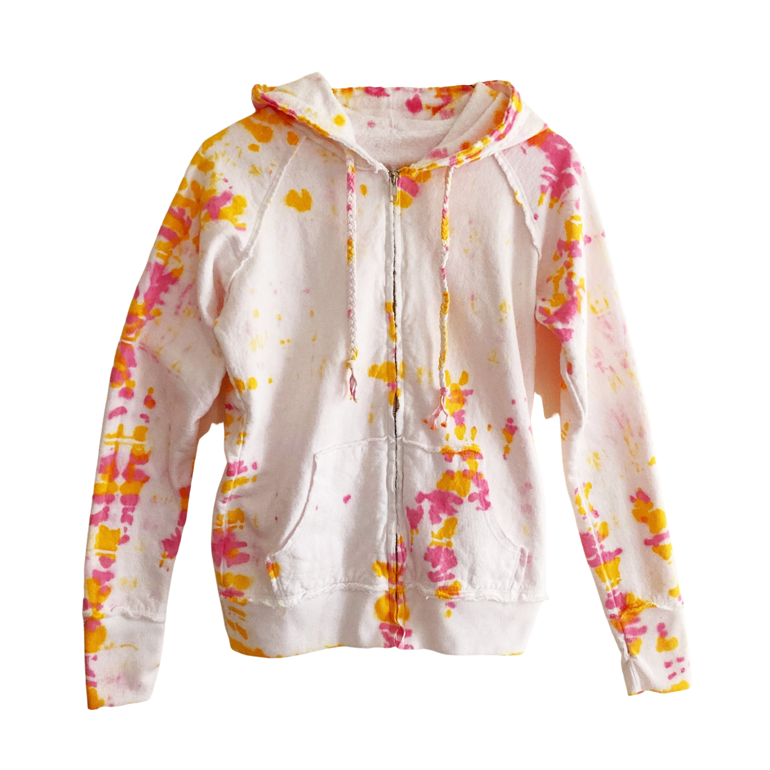 Women's Tie-Dye Zip Up Hoodie with Raw Edge Hem, Pink Yellow