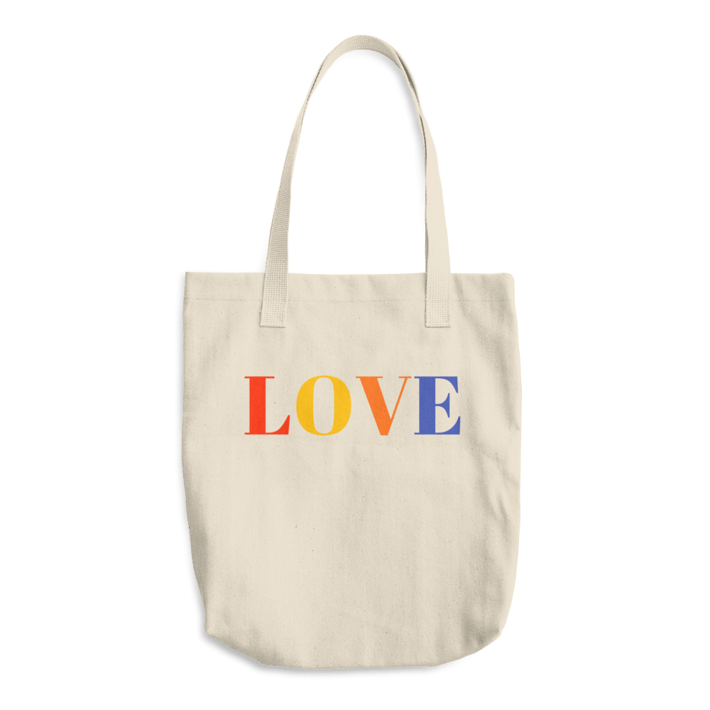 Reusable cotton grocery tote with handles love printed on bag