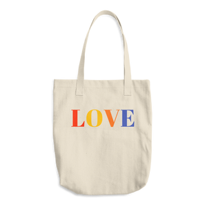 Reusable cotton grocery tote with handles love printed on bag